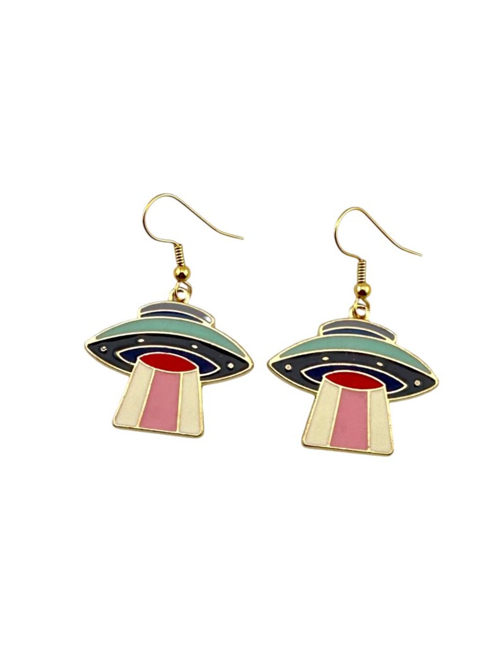 Retro UFO Spaceship Enamel Earrings Gold Plated Alien Sci Fi Dangle - Picture 7 of 9